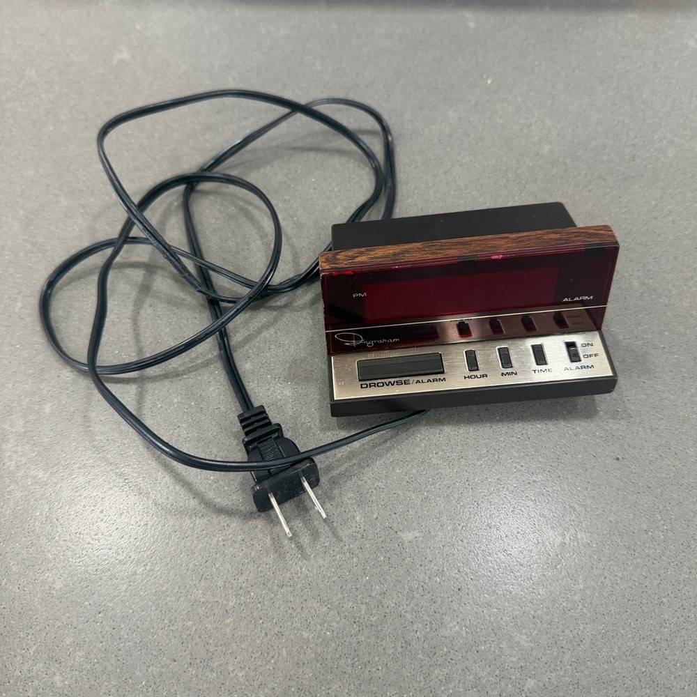 Vintage Ingraham Telesis Digital Alarm Clock Model 14-150 Wood Grain Red LED